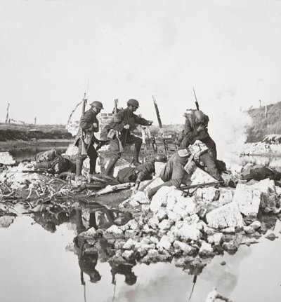 Our fearless men fighting against great odds, mine the bridges and retire across the Crozat Canal, 1918 by English Photographer